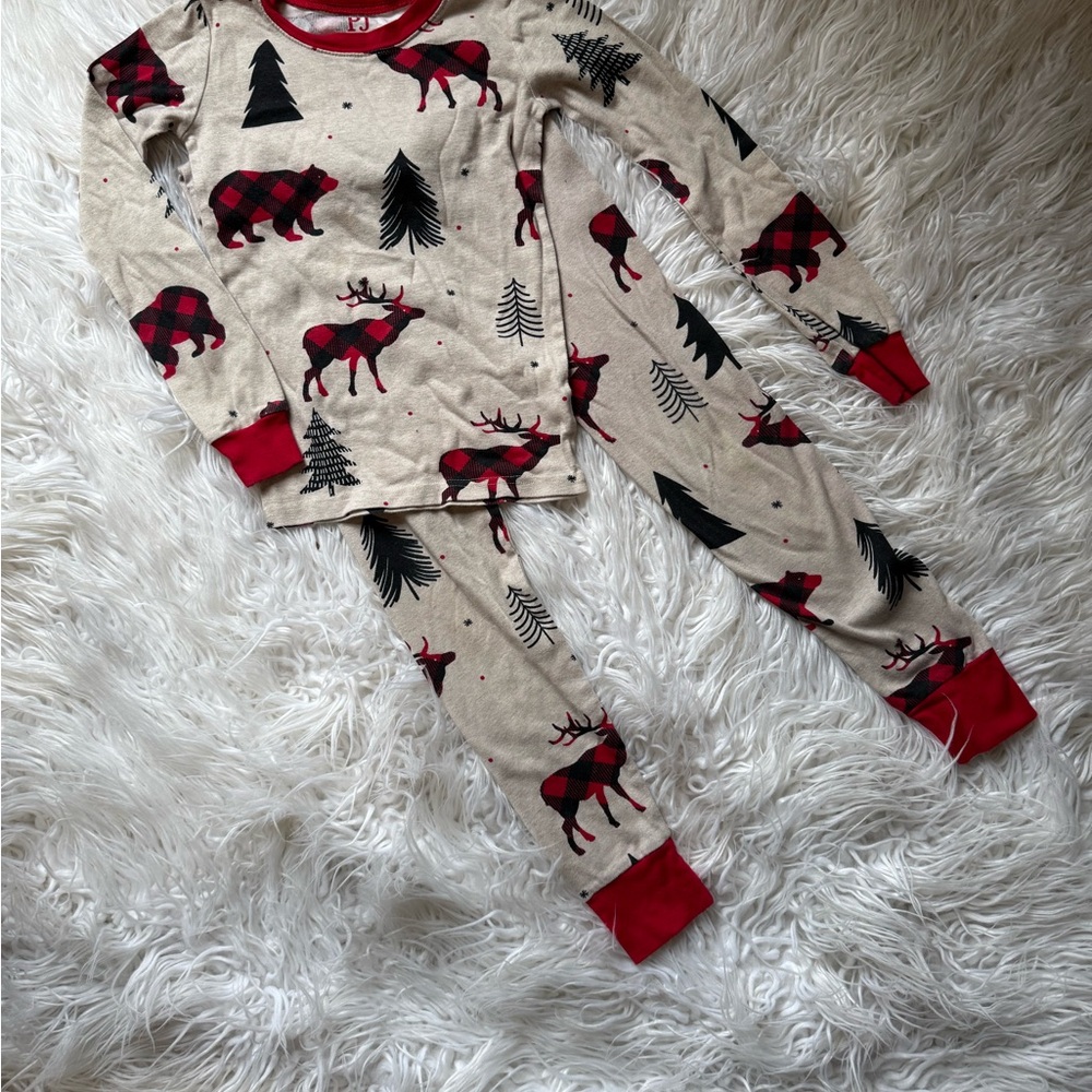 The Children's Place Beige Pajama Set with Red and Black Plaid Animals